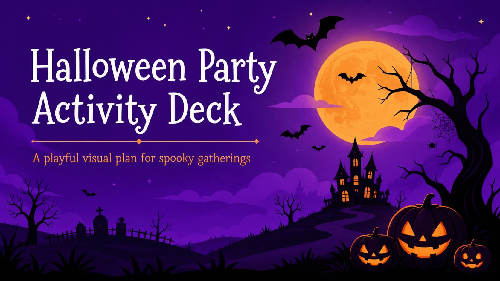Cover slide for a halloween party activity deck with an illustrated purple night landscape and orange pumpkins.