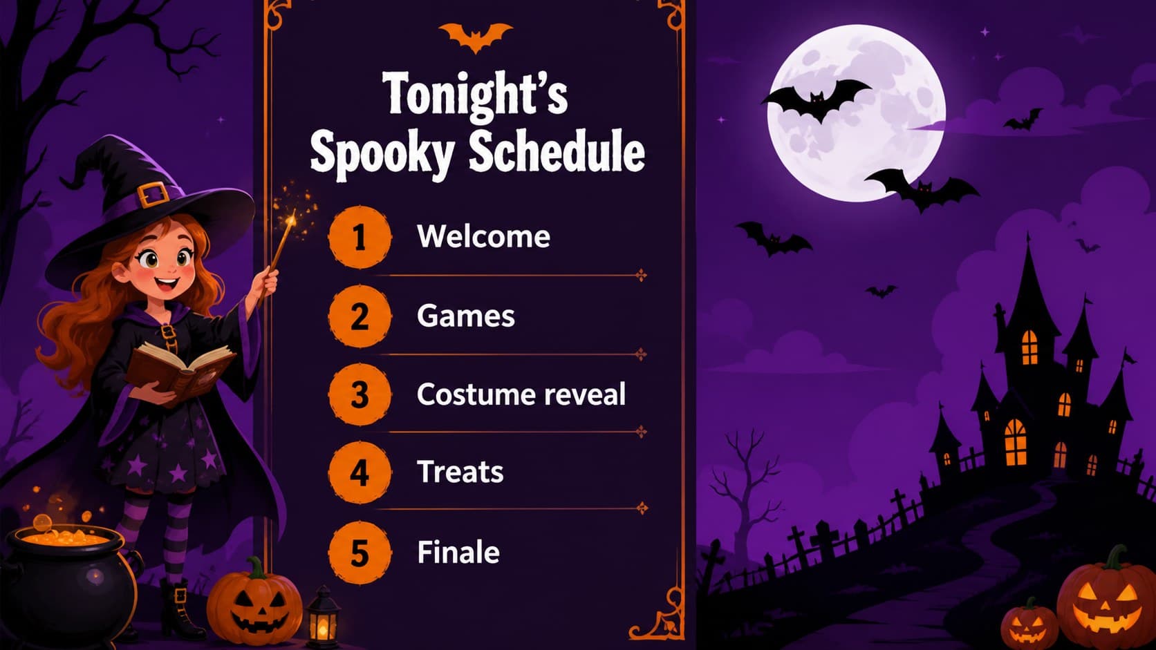 Halloween party agenda slide showing a spooky event schedule with orange accents and purple background.