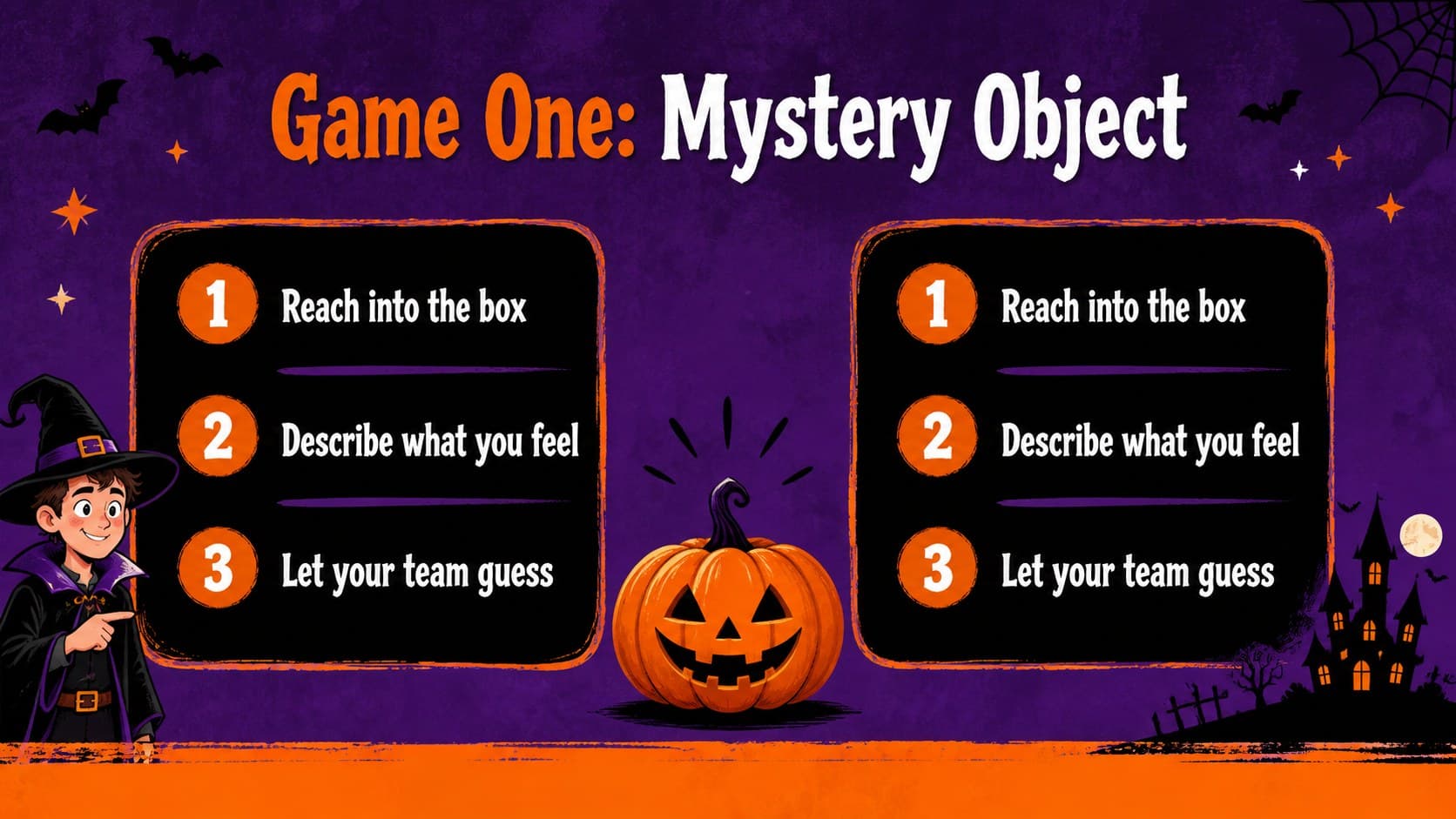 Halloween classroom game slide with illustrated pumpkins, activity instructions, and bold orange typography.