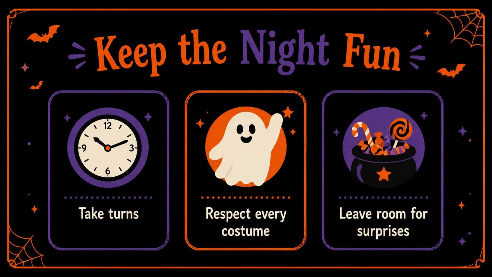 Spooky event rules slide presenting three Halloween party guidelines in an illustrated design.