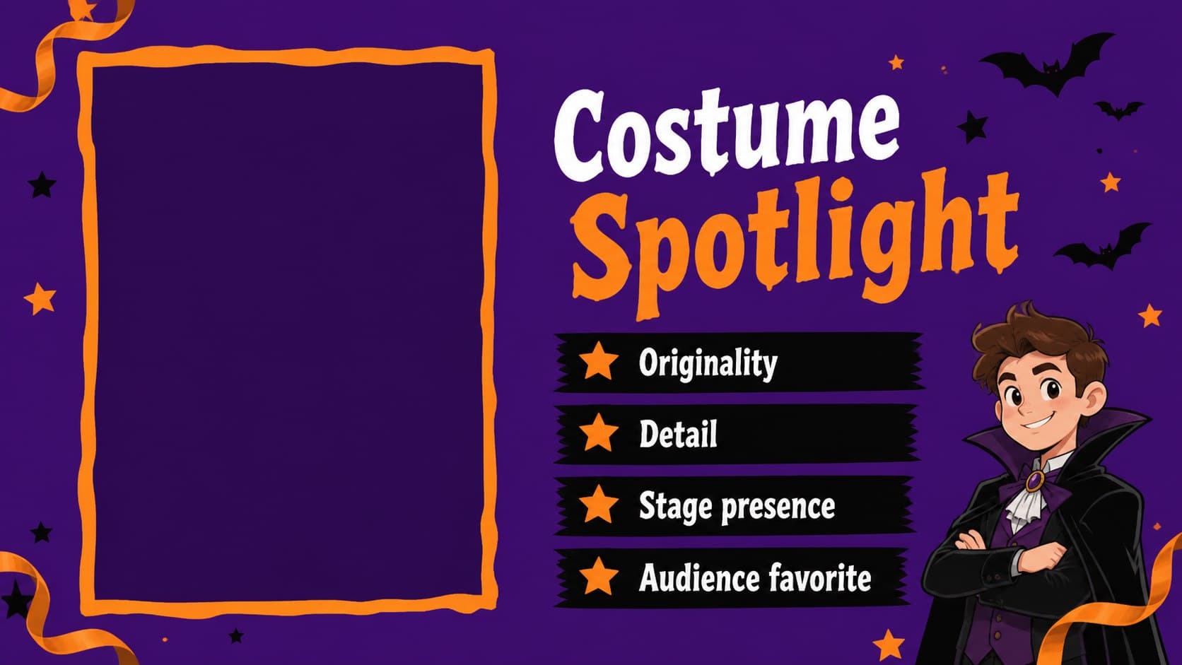 Costume contest presentation slide with a large photo placeholder, judging categories, and Halloween illustrations.