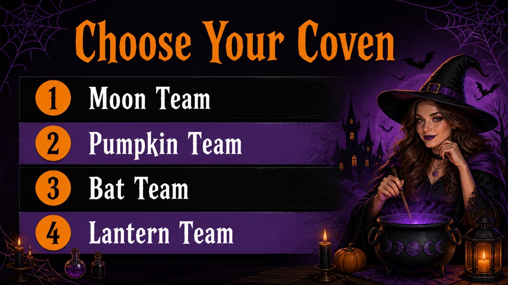 Halloween party team assignment slide with four groups, color-coded labels, and spooky decorative graphics.