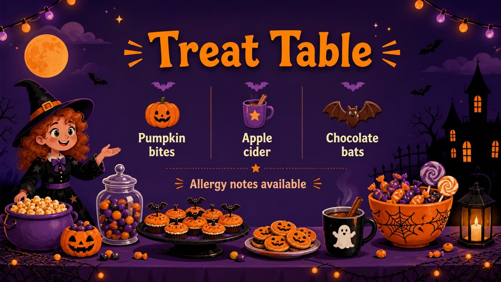 Halloween snack menu slide featuring an illustrated treat table with purple, orange, and black menu sections.