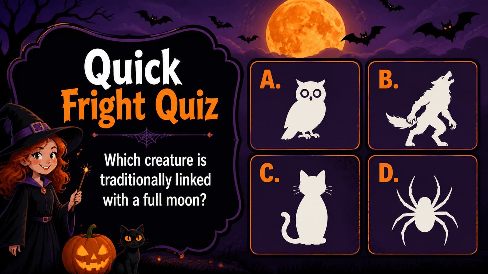 Spooky Halloween quiz slide with a question panel, answer choices, and orange moon decoration.