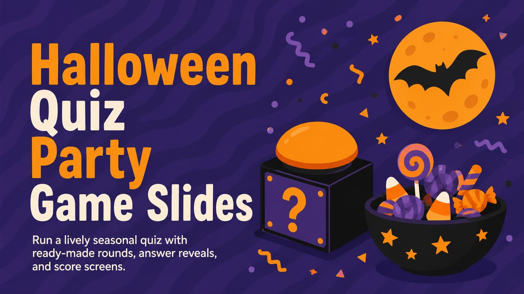 Cover for Halloween quiz party game slides with playful cartoon decorations in purple, orange, and black.
