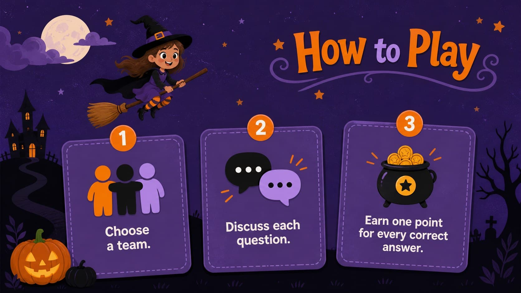 Halloween trivia game rules slide with three illustrated instructions for teams and scoring.