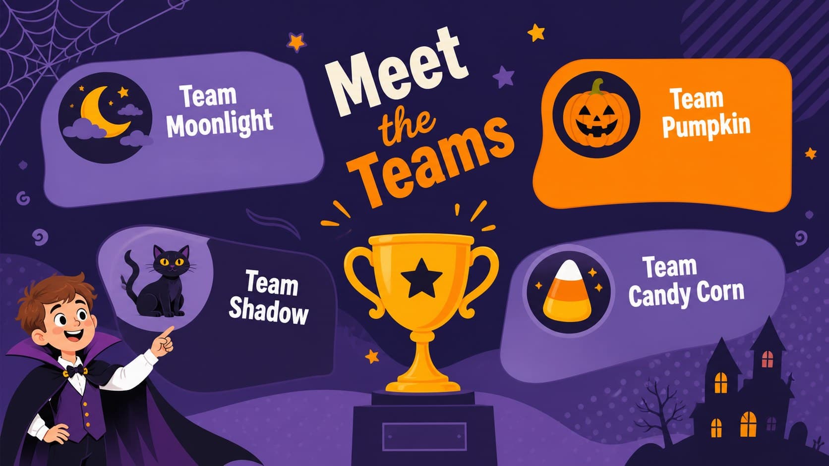 Spooky team trivia presentation slide with editable spaces for four Halloween team names.