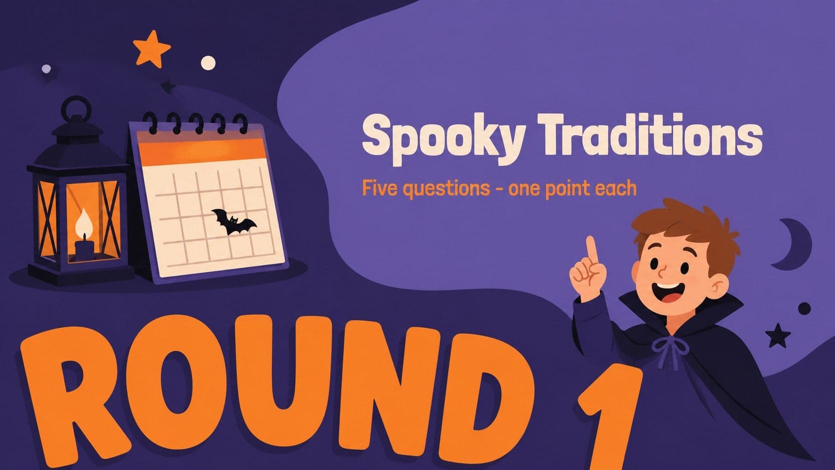 Halloween quiz round opener featuring a spooky traditions category in a vibrant cartoon style.