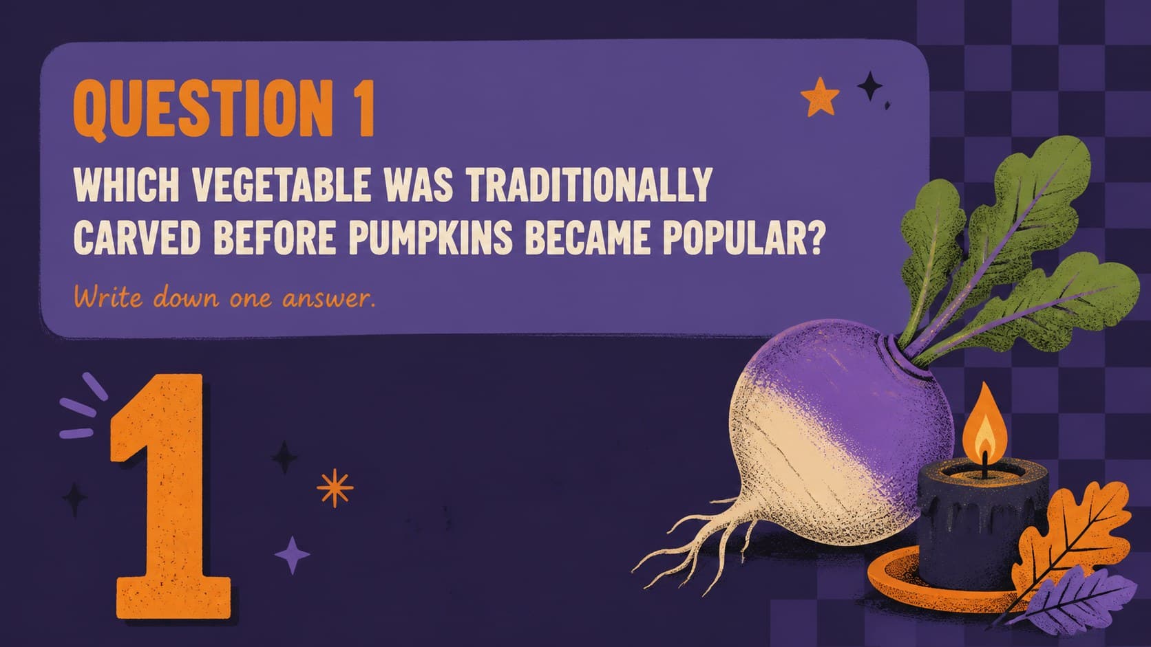 Editable Halloween trivia PowerPoint template slide showing a question about jack-o'-lanterns.