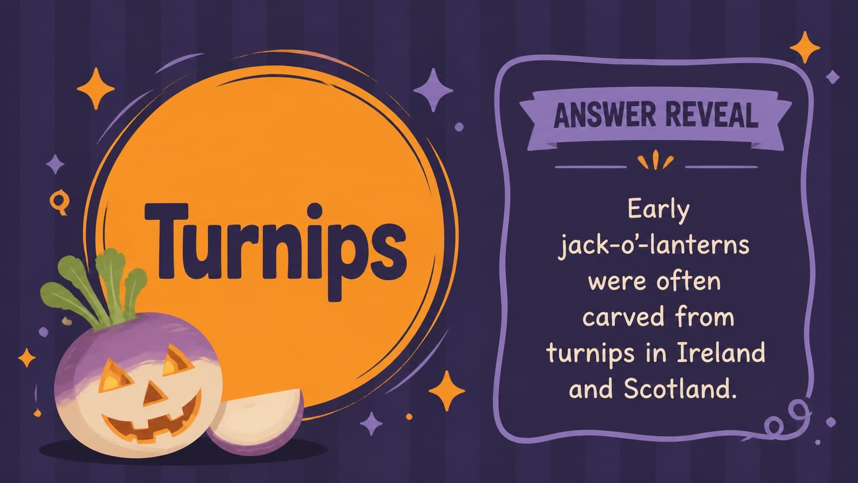 Halloween quiz answer reveal slide explaining the traditional use of turnips.