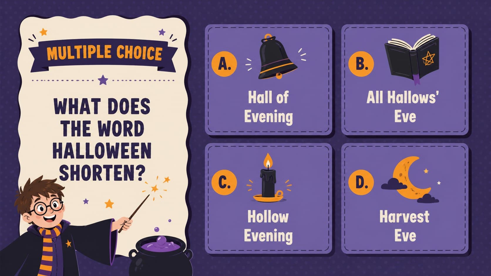 Multiple-choice Halloween classroom quiz slide with four colorful answer options.