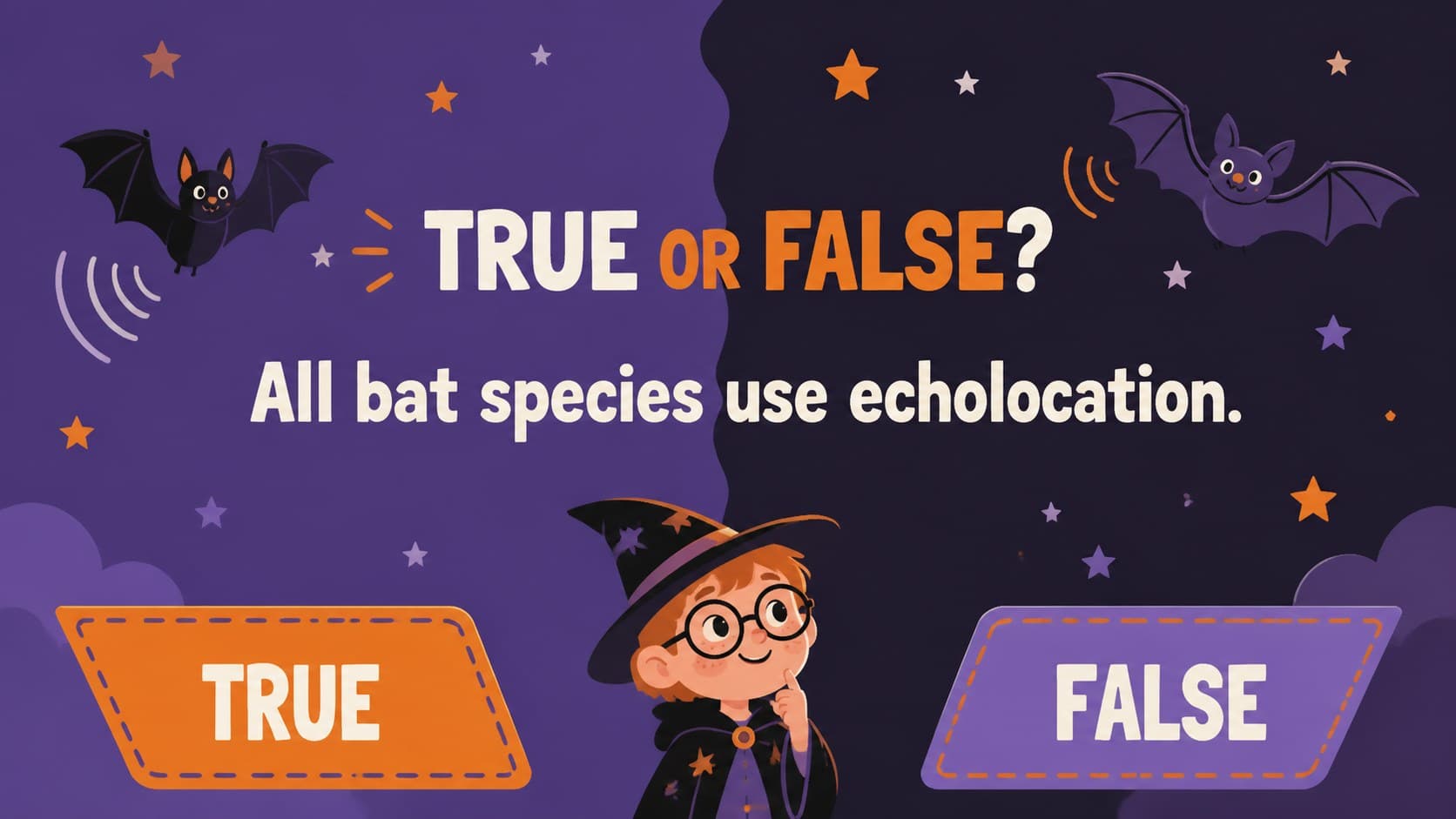 True-or-false Halloween party quiz slide with an illustrated bat fact question.
