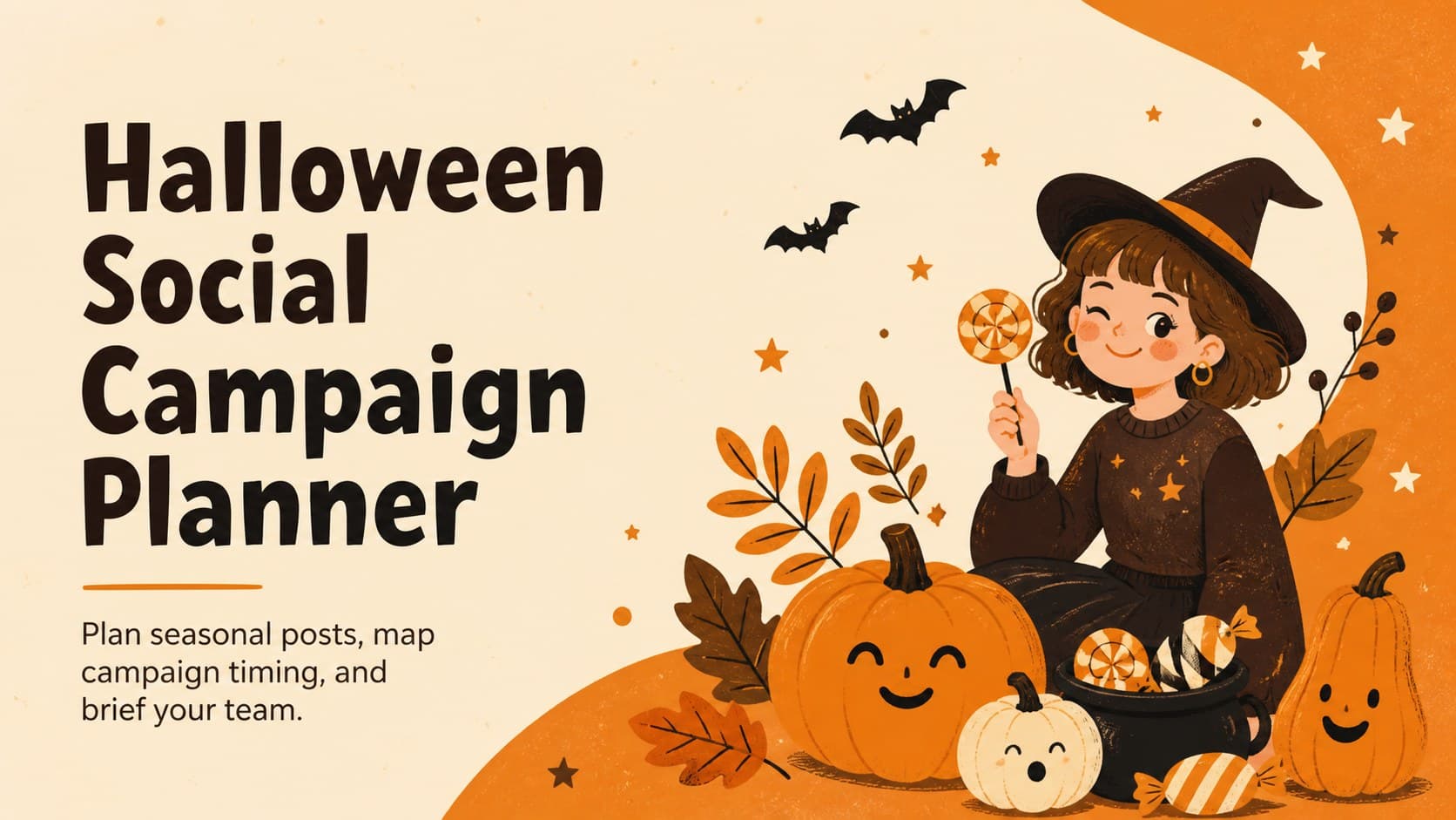 Cover of a Halloween social campaign planner with hand-drawn pumpkins, leaves, candy, and warm autumn colors.