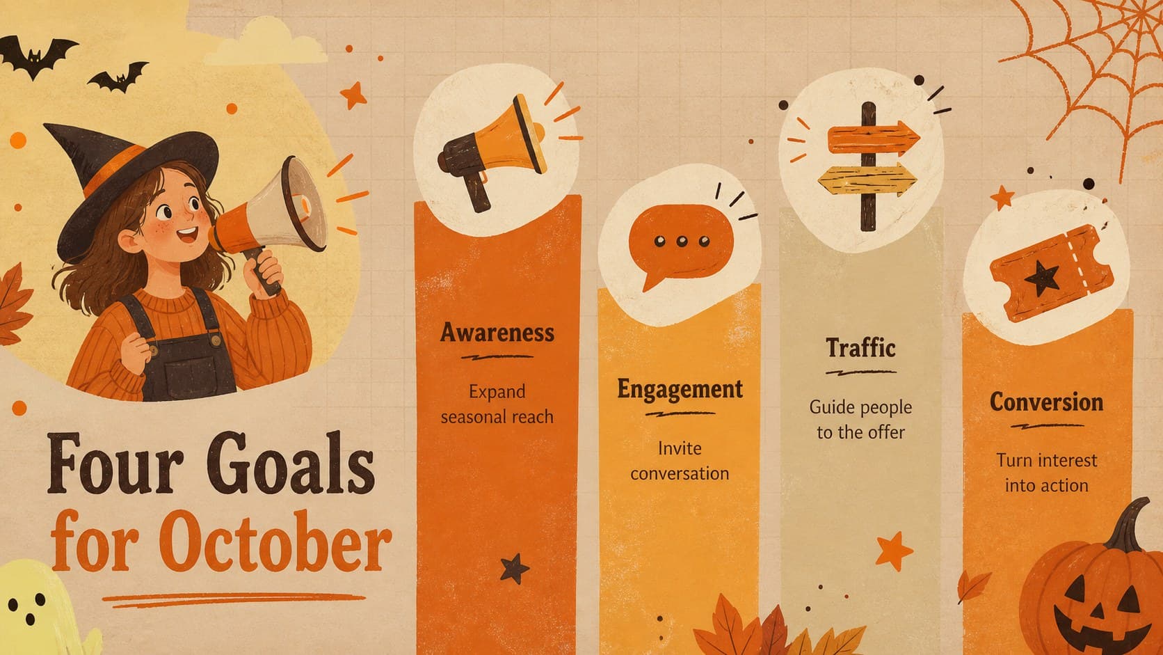Illustrated Halloween marketing deck slide with awareness, engagement, traffic, and conversion goals.