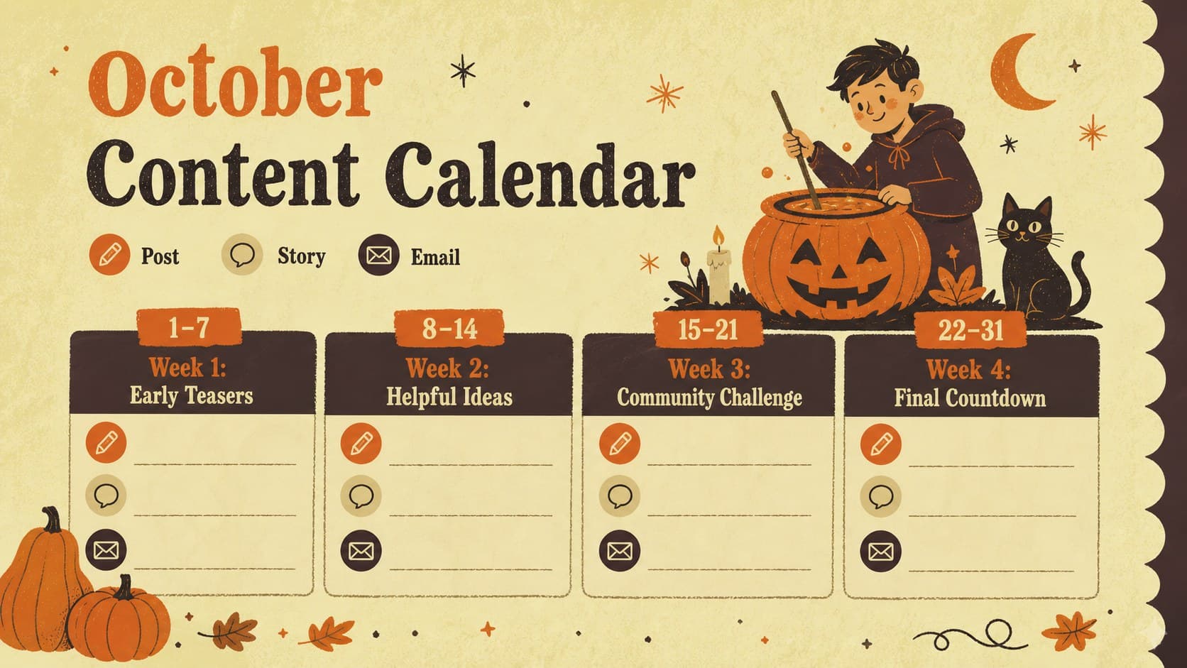 Halloween content calendar presentation with four weekly themes for an October campaign.