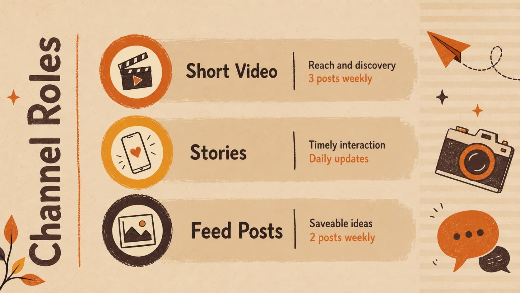 Halloween social channel plan comparing content roles and posting frequency across three platforms.