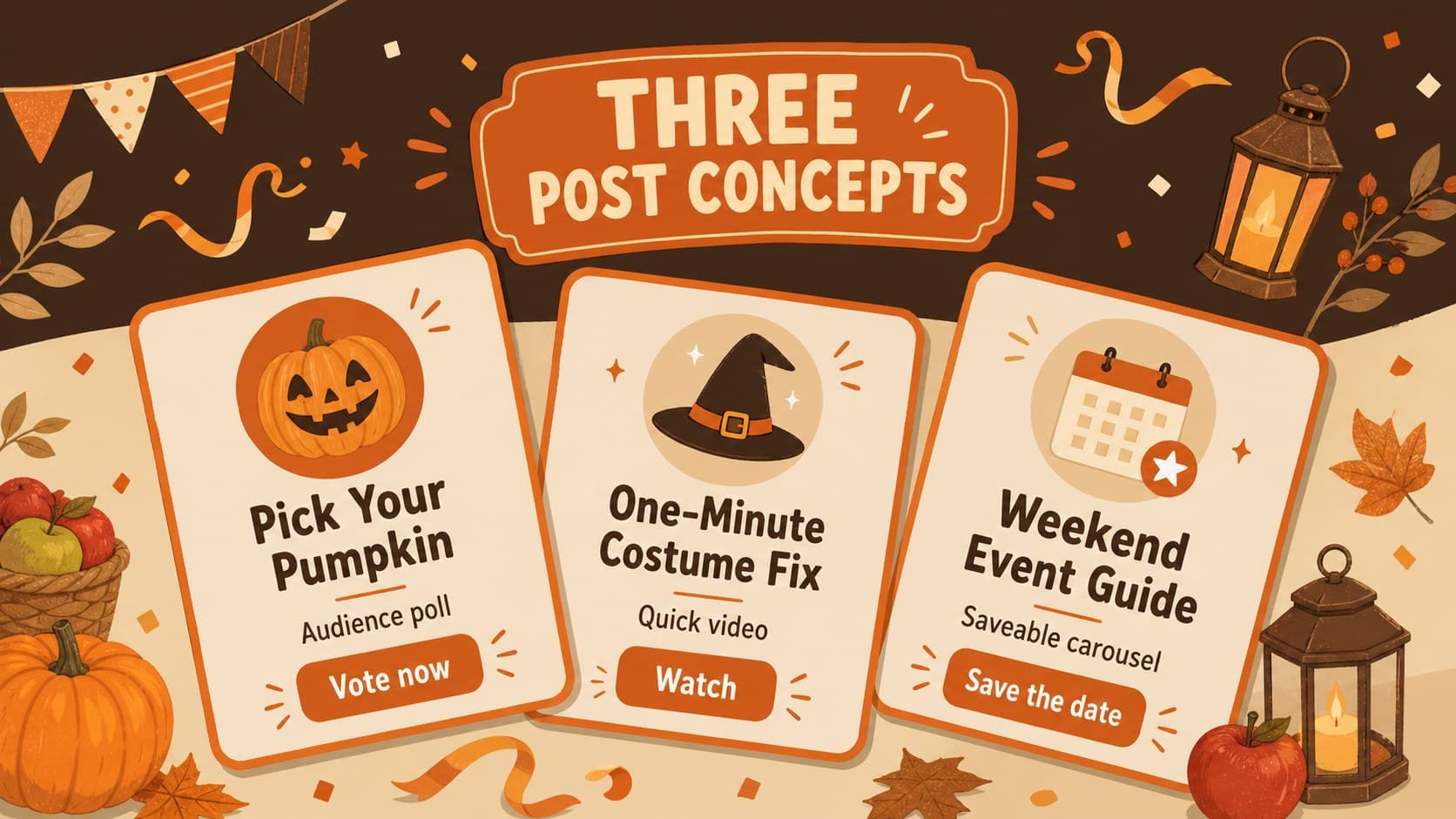 Fall campaign planning template slide with three sample Halloween post concepts and calls to action.
