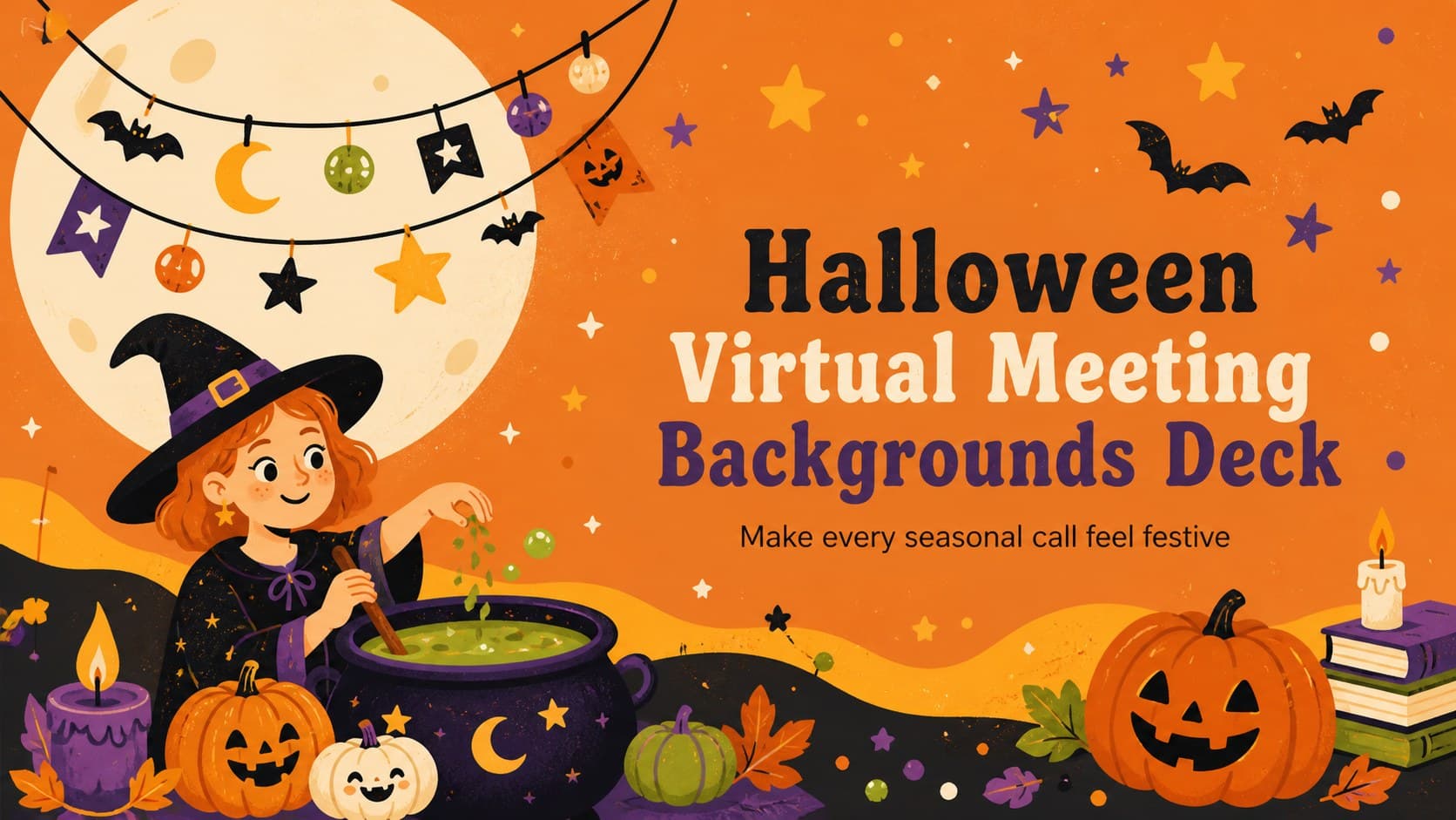 Cover slide presenting halloween virtual meeting backgrounds with playful orange-and-black illustrated decorations.