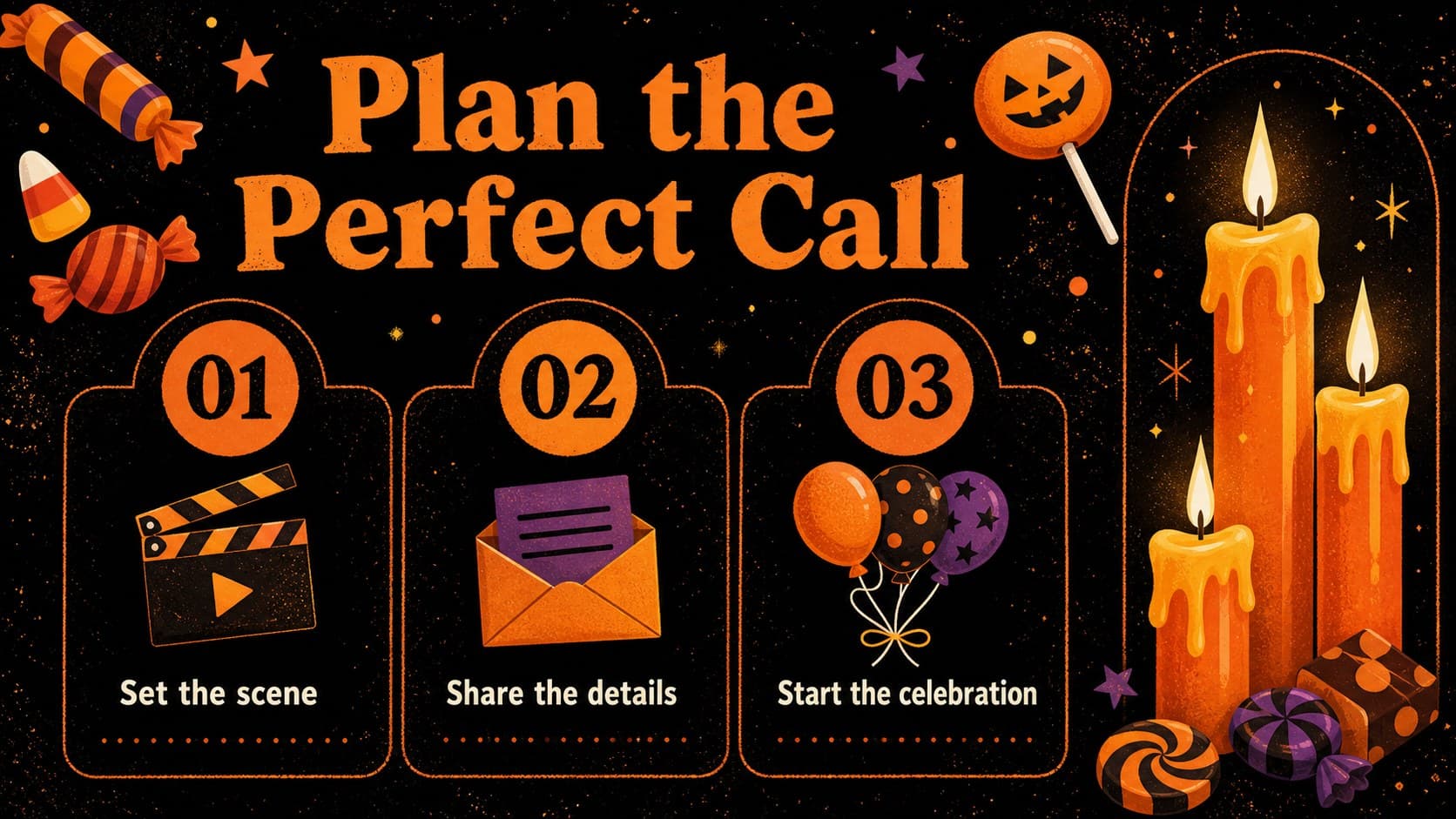 Agenda slide outlining virtual Halloween call scenes, event moments, and customization sections.