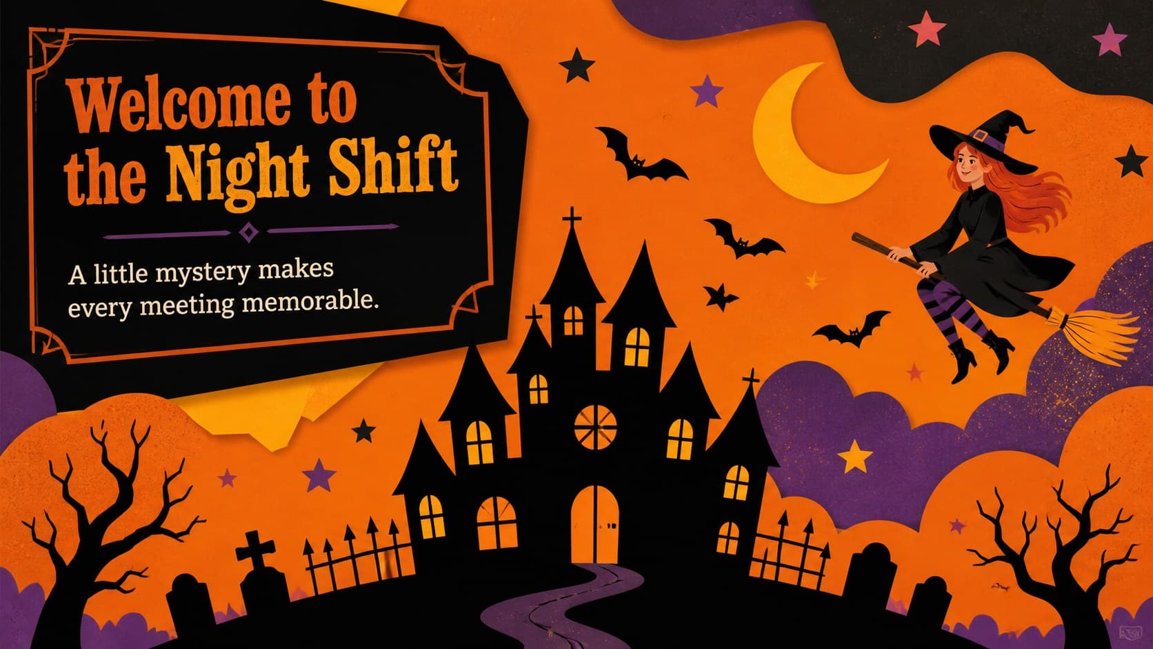 Video-call backdrop slide showing a framed haunted house illustration and a short seasonal greeting.