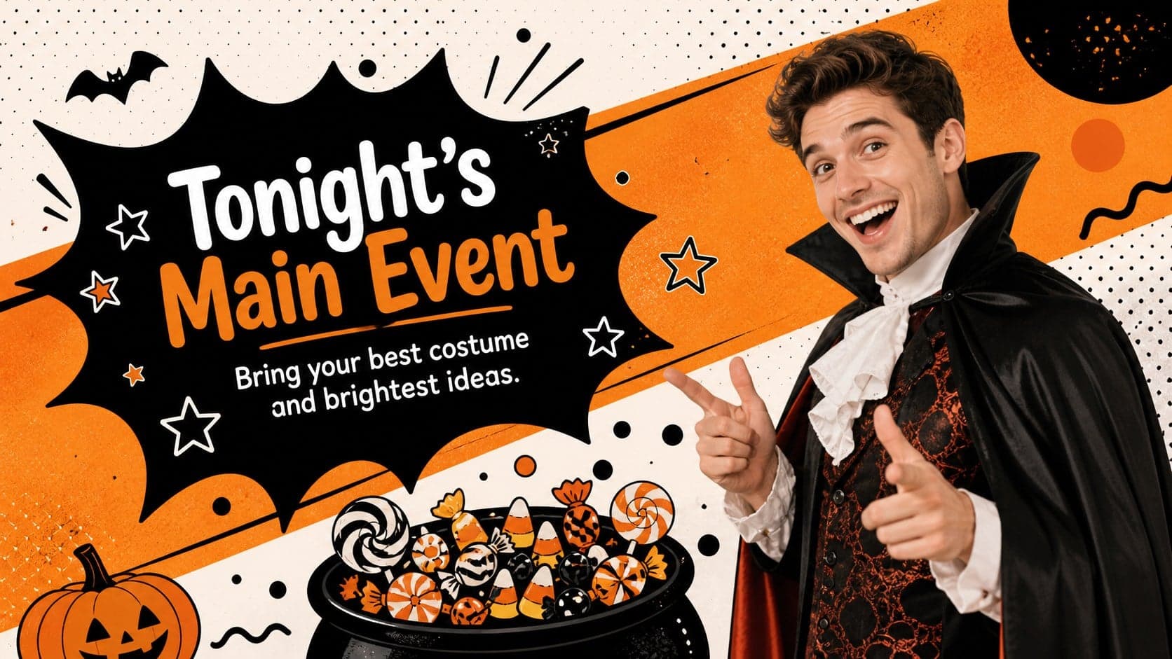 Seasonal announcement slide with a bold Halloween message, candy, and colorful illustrated accents.