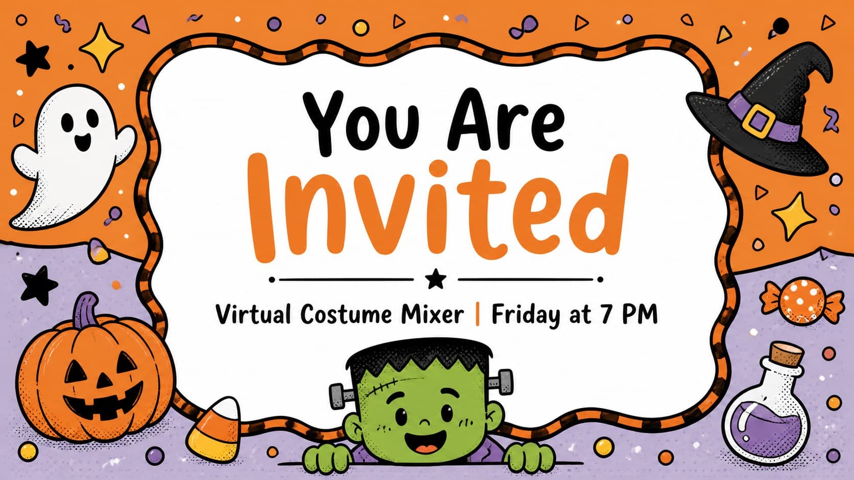 Virtual party slide presenting a playful monster-themed gathering invitation in an orange and black design.