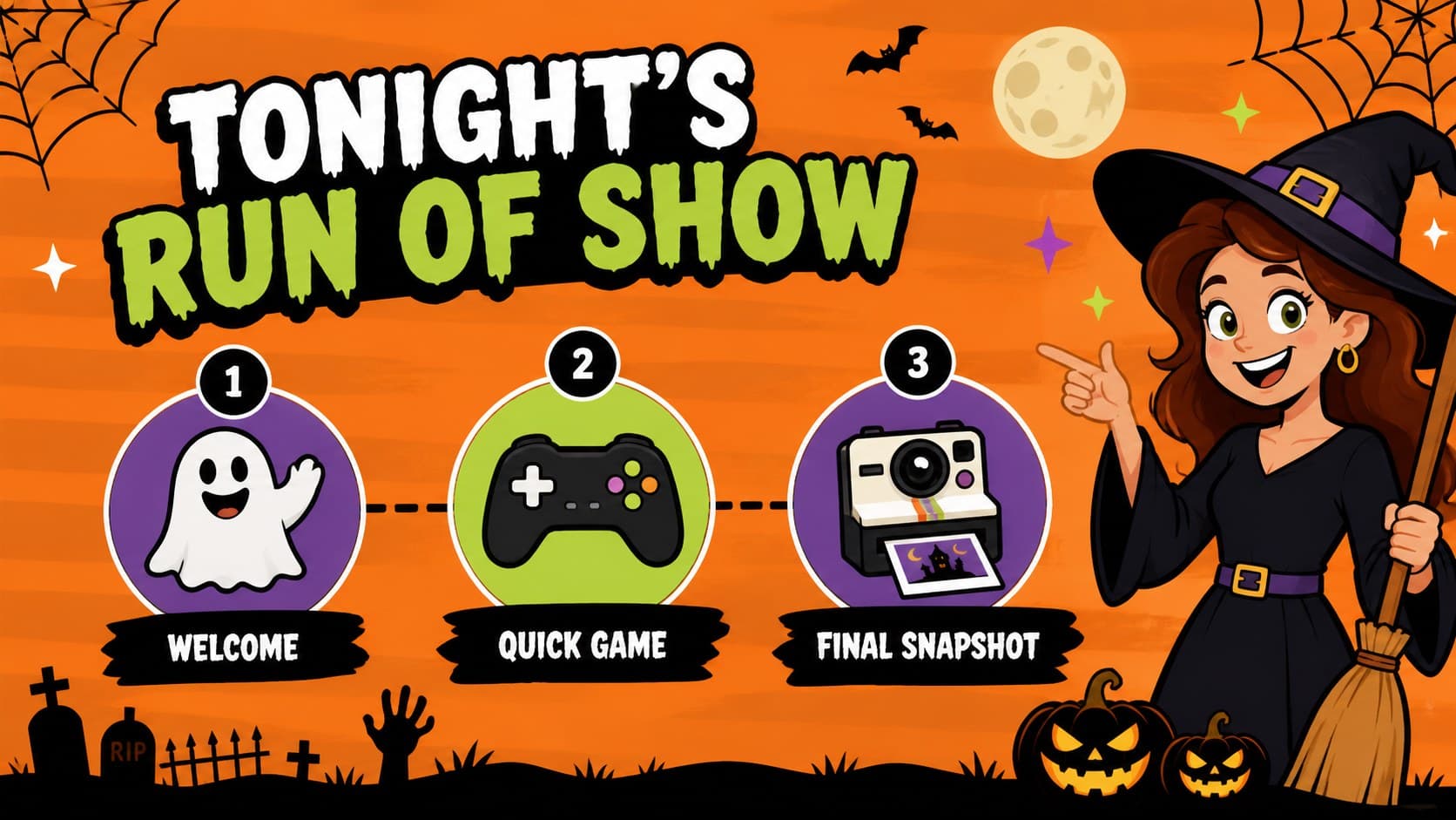 Remote event schedule slide showing a three-step Halloween program with playful illustrated icons.