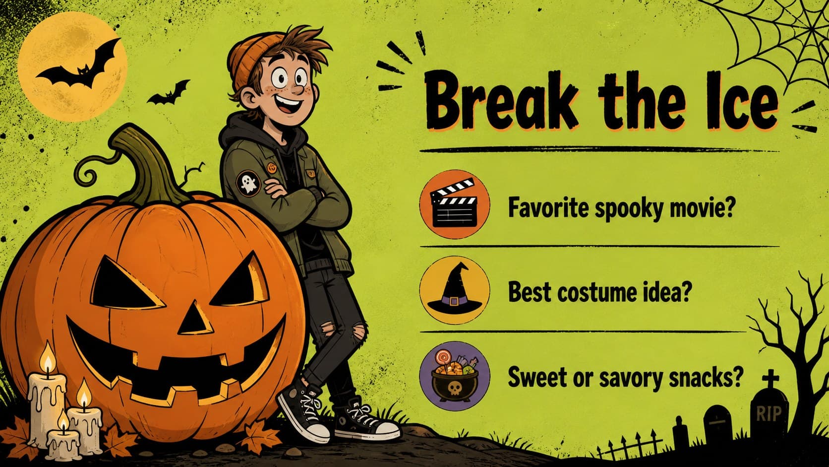 Halloween discussion slide with question prompts arranged around a bright illustrated pumpkin motif.
