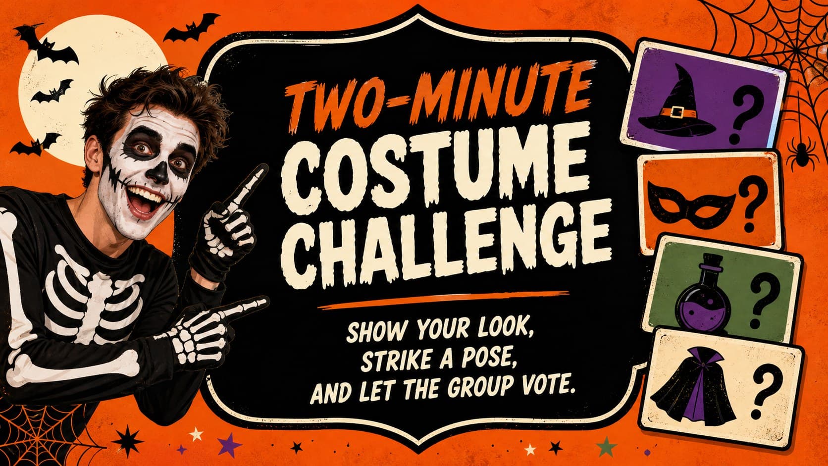 Halloween game slide featuring a playful challenge prompt and original spooky decorative illustrations.