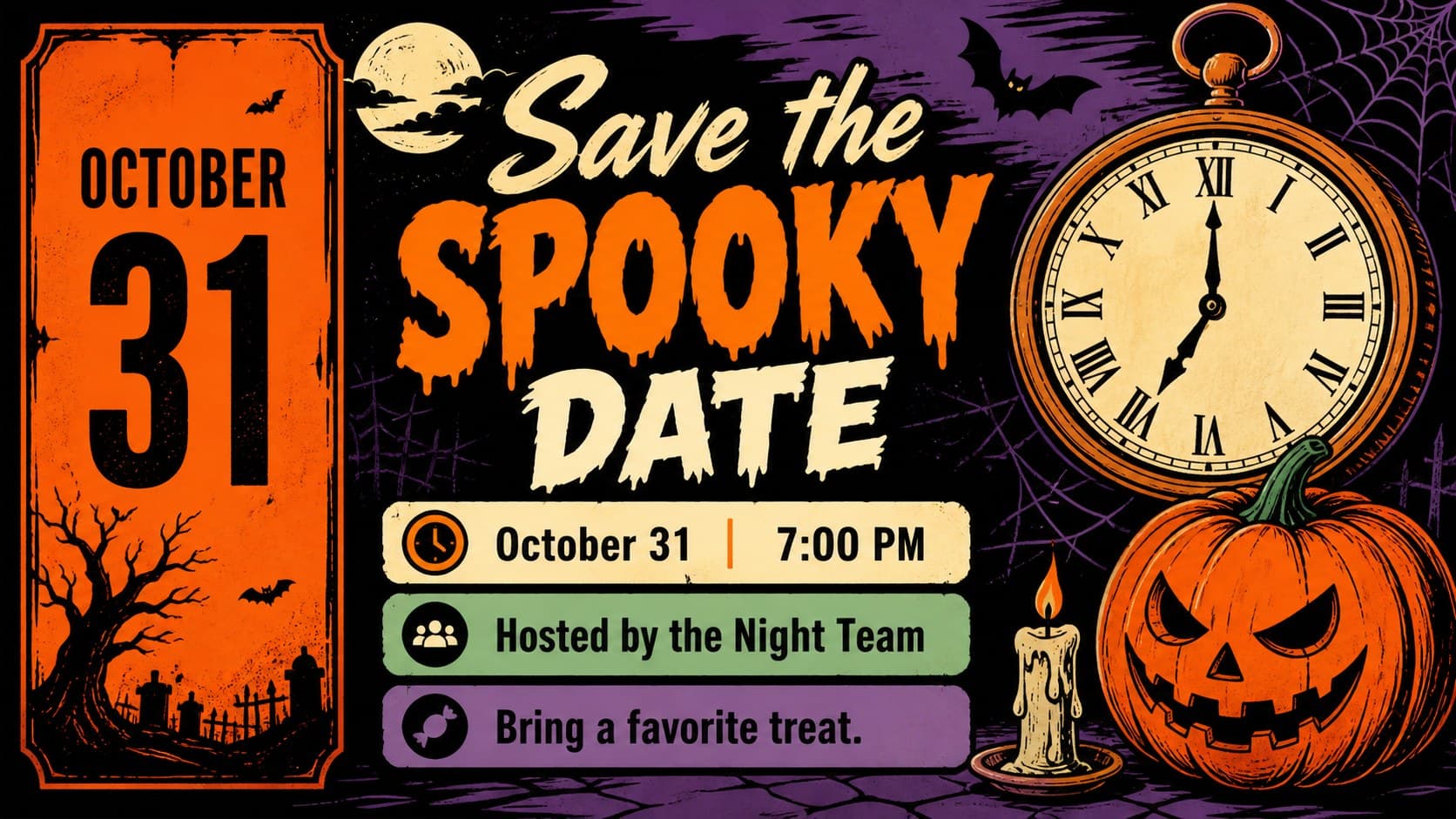 Online meeting reminder slide with editable date, time, and host details in a spooky illustrated layout.
