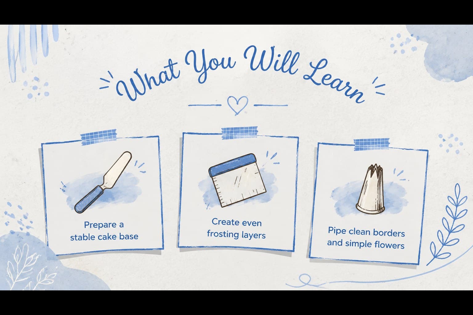 Cake decorating workshop objectives displayed beside pastel hand-drawn baking utensils.