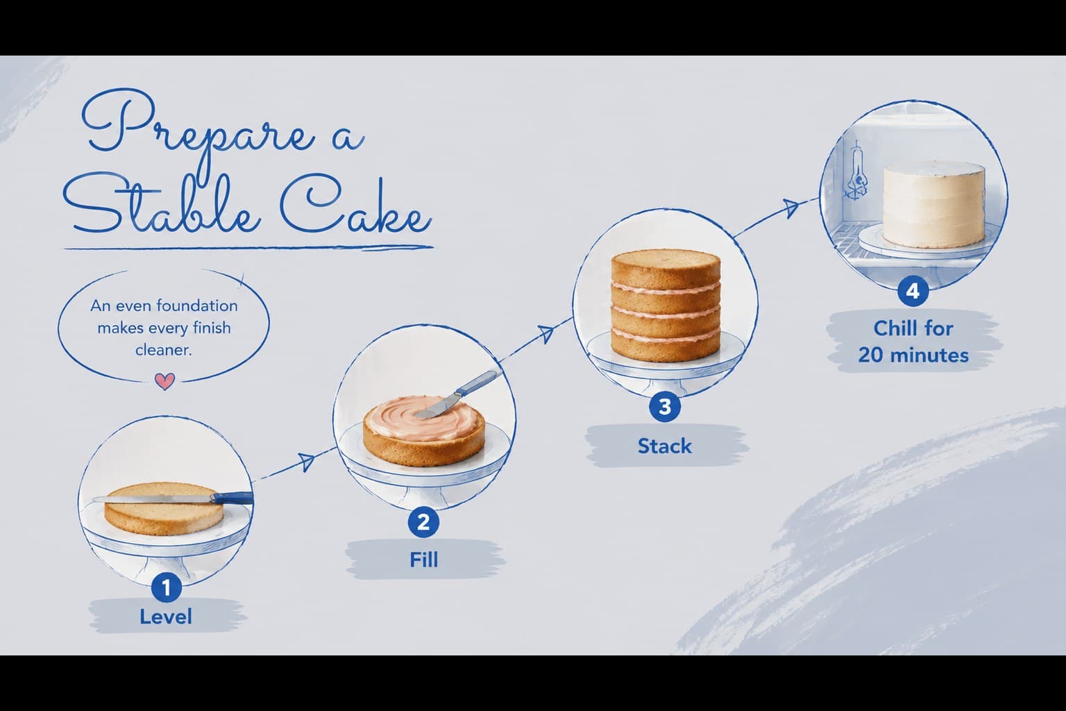 Four-step cake preparation slide for a hand-drawn baking presentation.