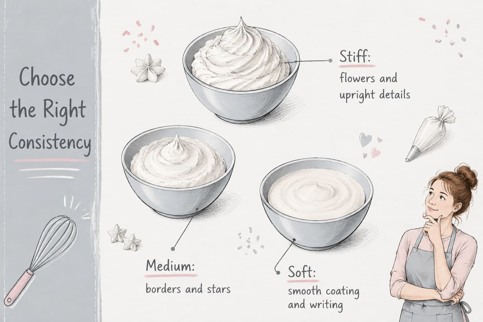 Frosting consistency comparison chart with stiff, medium, and soft examples for a pastry workshop.