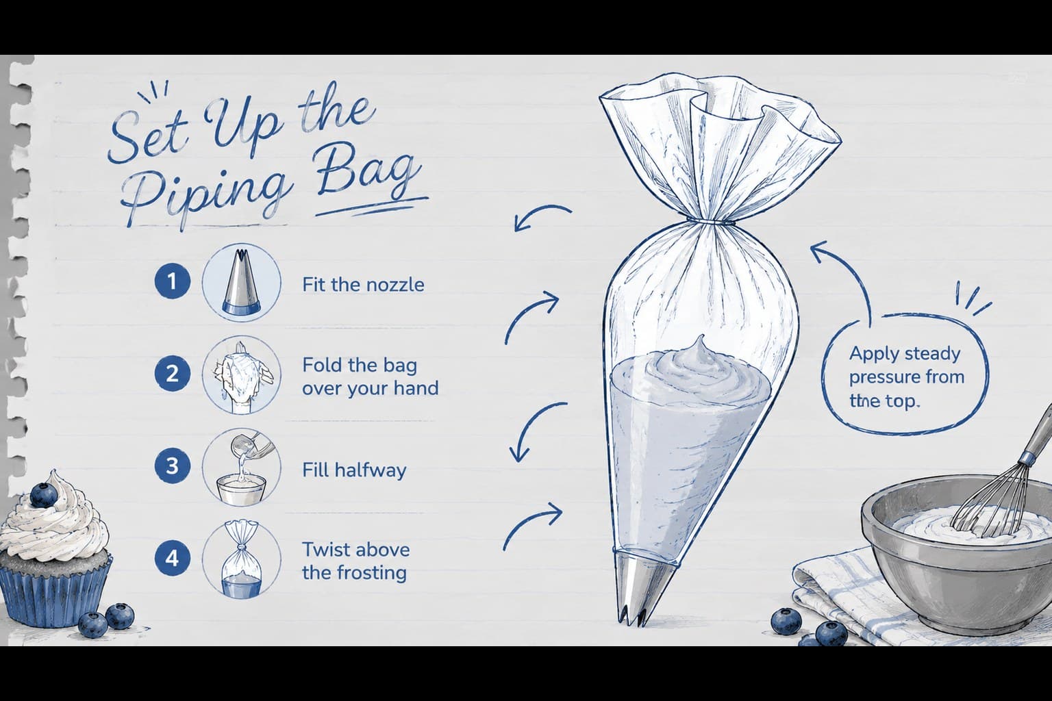 Piping bag setup instructions illustrated for beginner cake decorating workshop participants.