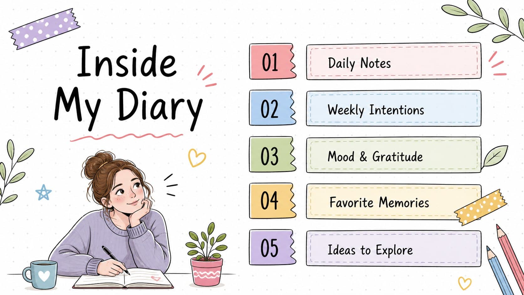 Pastel digital diary contents page listing reflection, planning, memories, and inspiration sections.