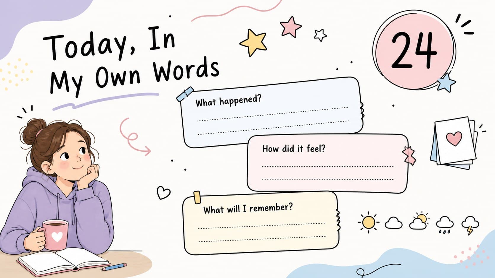 Editable daily reflection slide with writing prompts and colorful hand-drawn accents.