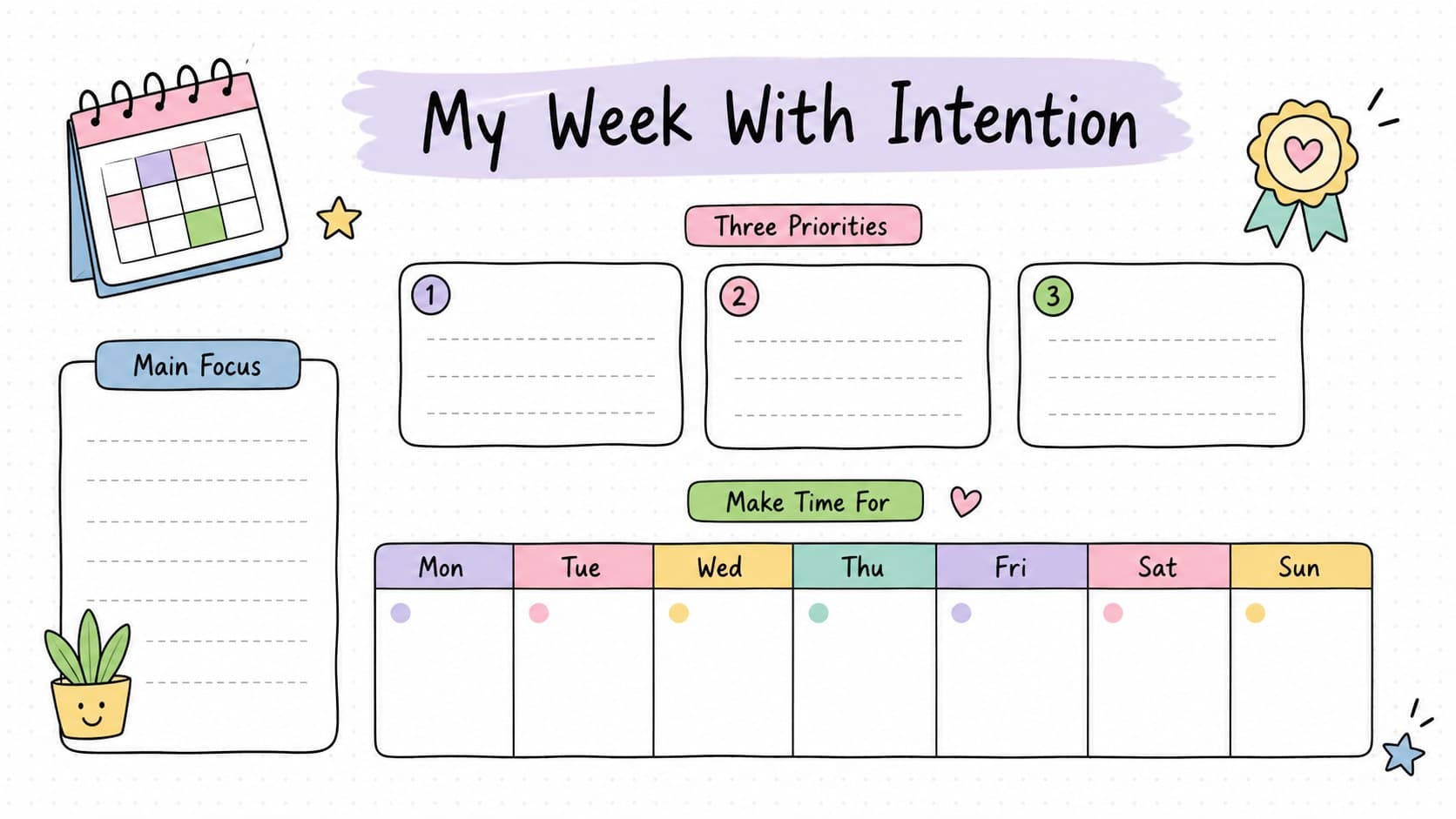Weekly intention journal presentation with seven-day notes and three priority areas.