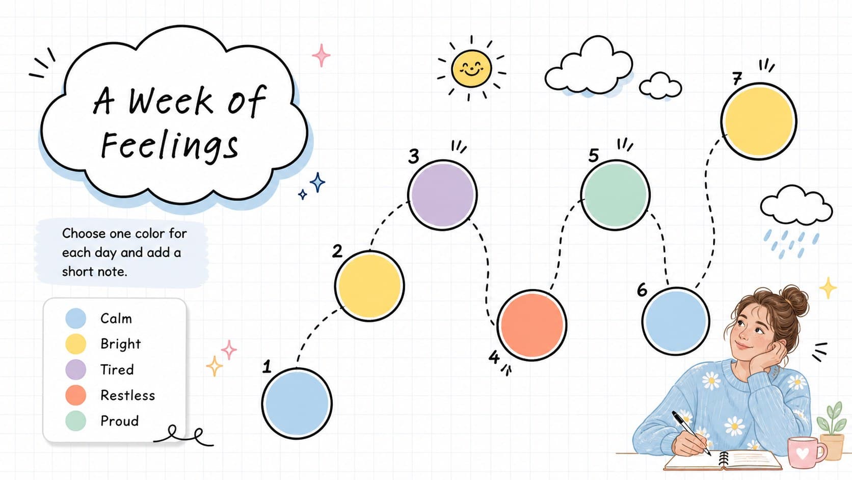 Colorful mood tracker page for a hand-drawn digital diary planner.
