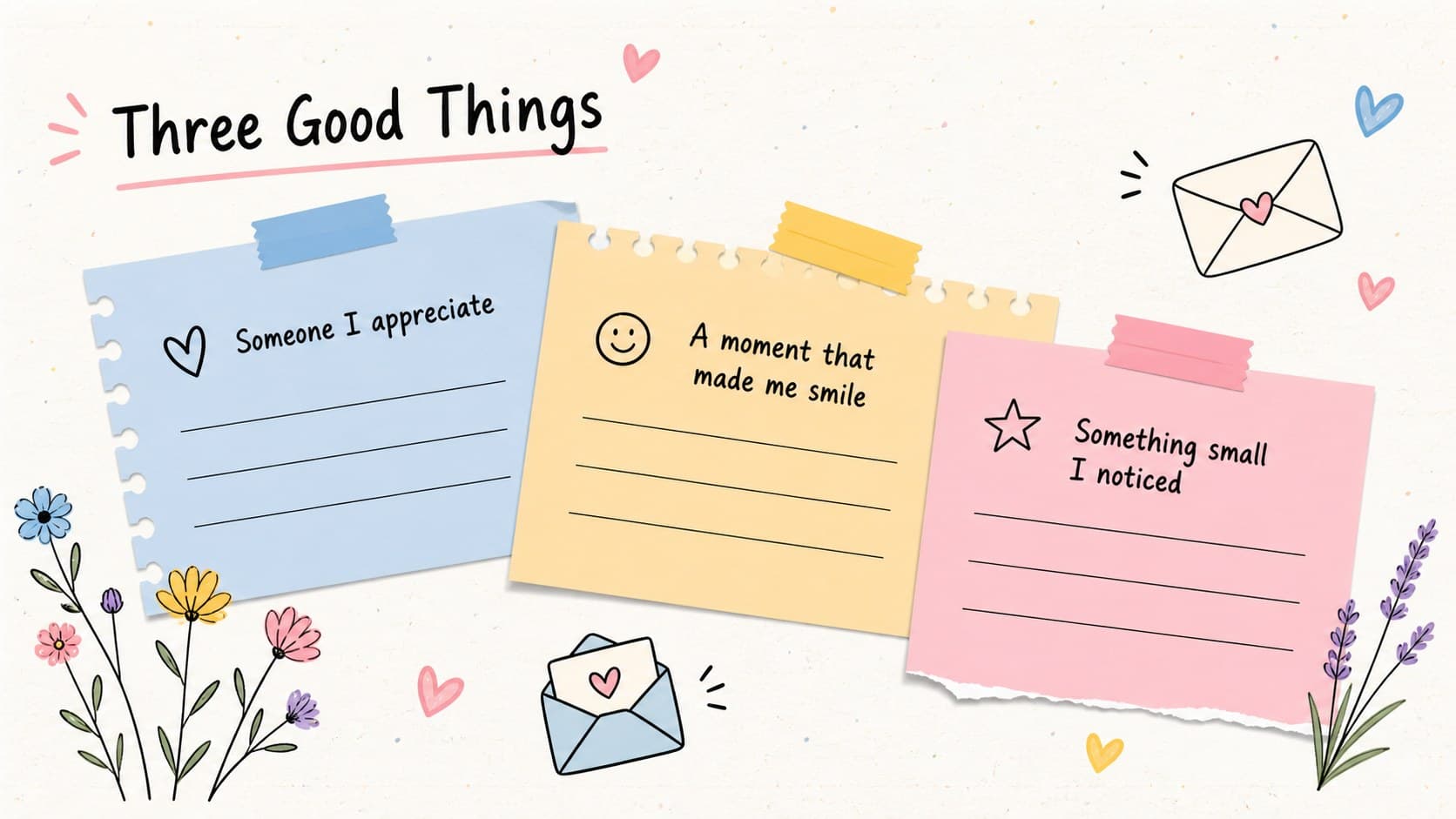 Gratitude journal slide with three handwritten-style note areas and pastel floral doodles.