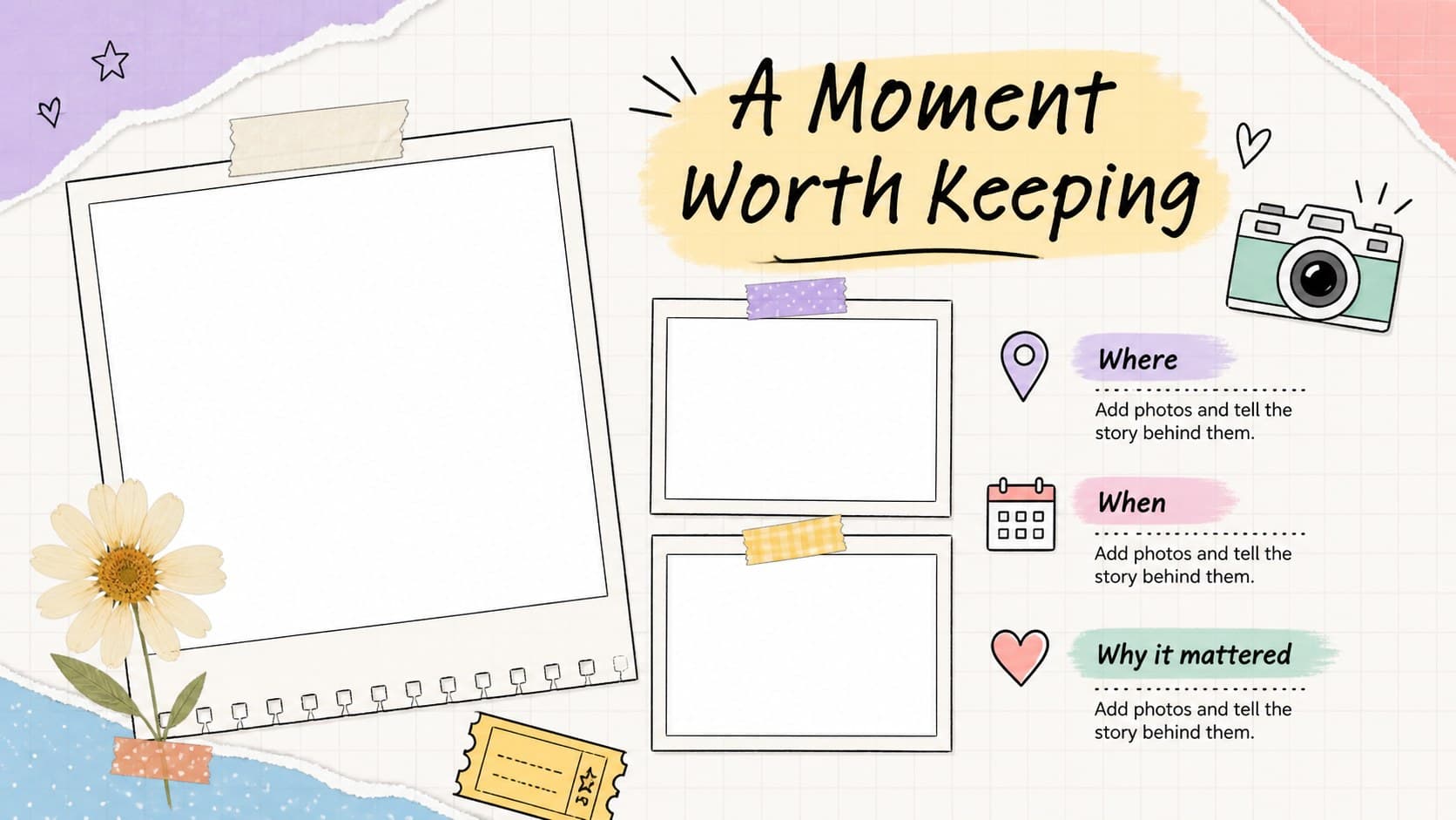 Digital scrapbook planner page featuring photo frames, captions, and memory notes.