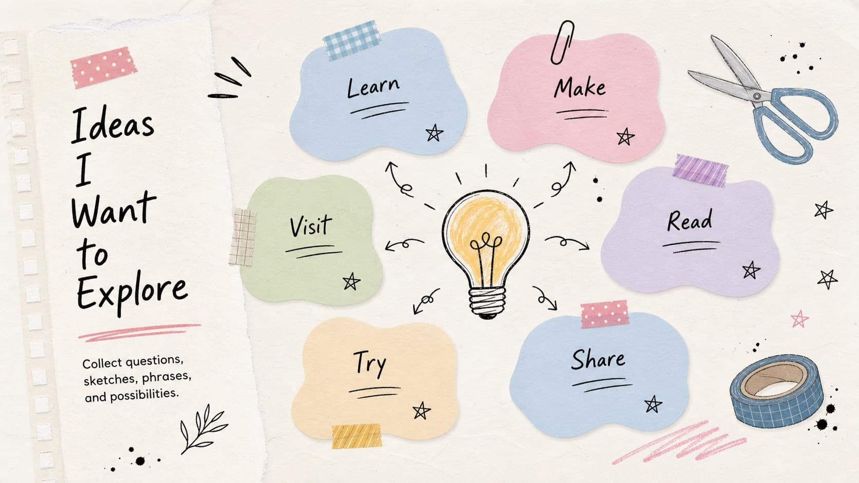 Creative diary presentation template showing an illustrated ideas collection board.