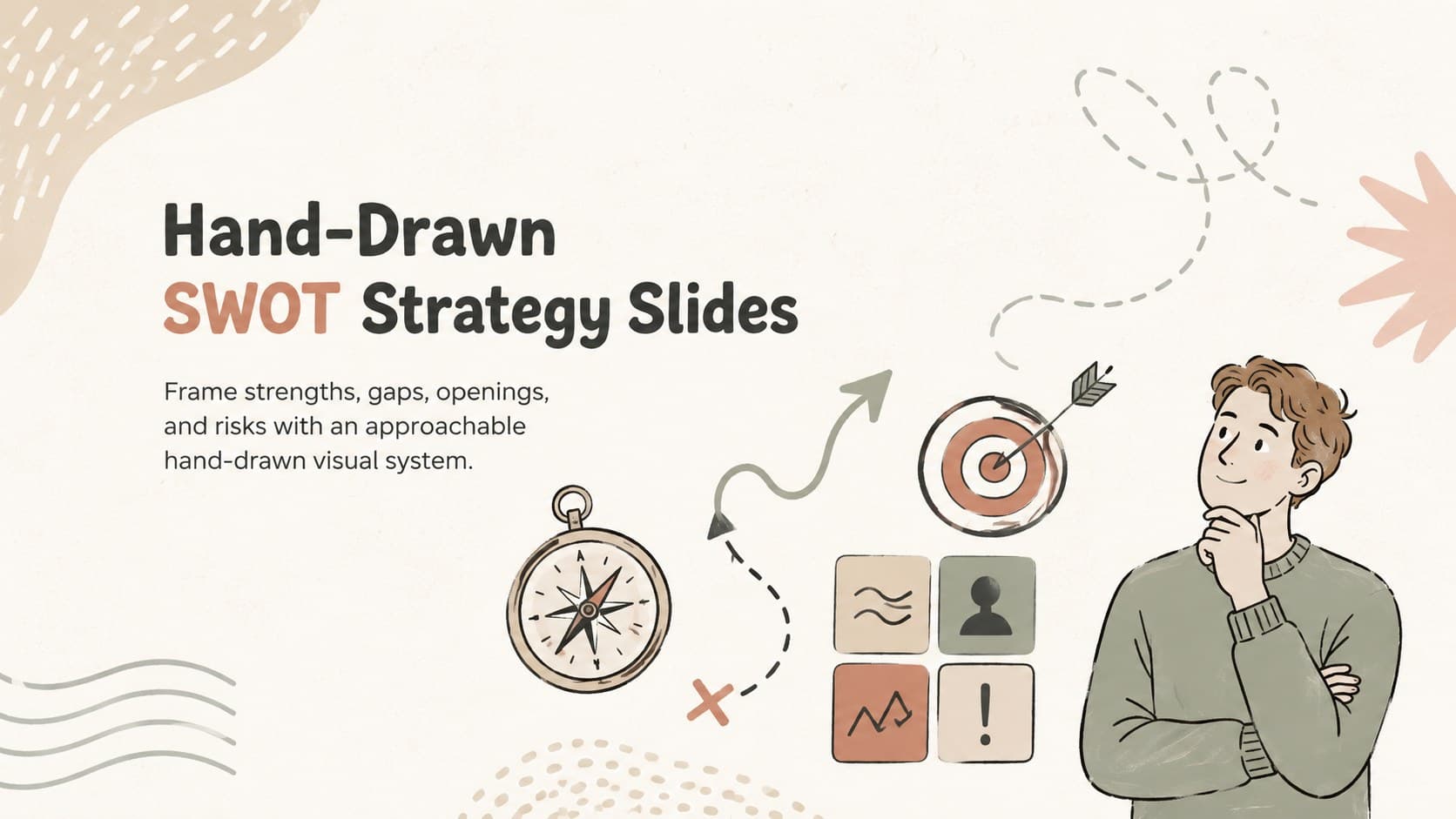 Cover of the Hand-Drawn SWOT Strategy Slides with organic colorful shapes on a clean neutral background.