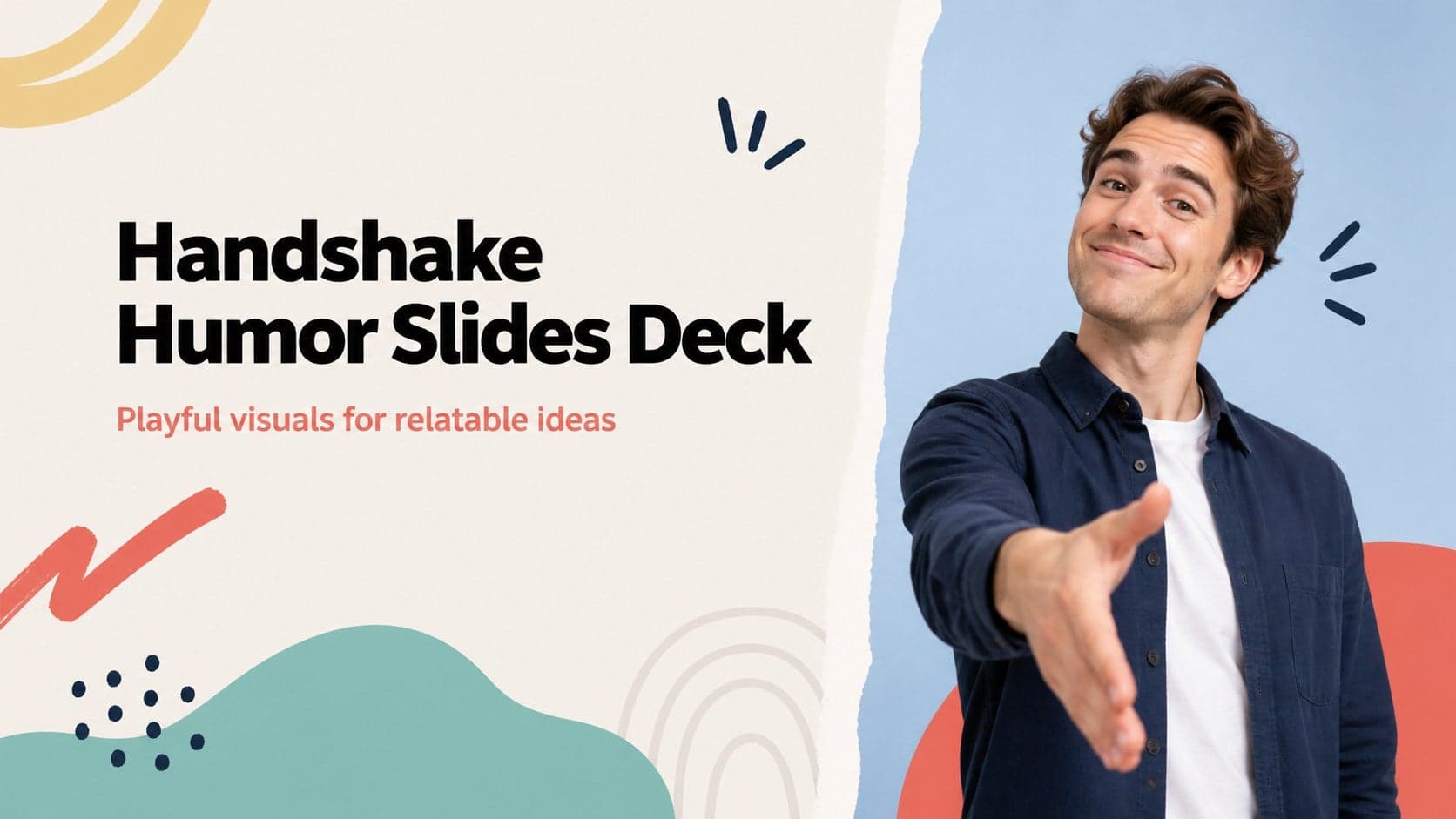 Cover slide for a handshake humor slides deck with bold photography and colorful editorial styling.