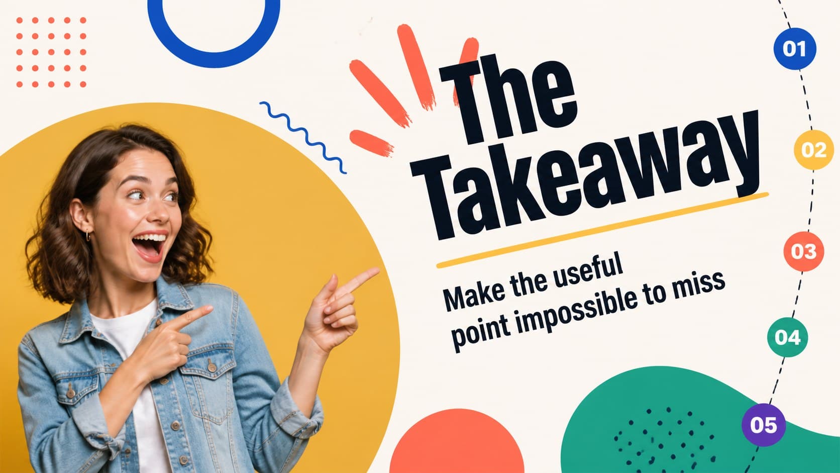 Playful team meeting deck slide highlighting a memorable takeaway beside a large expressive photograph.