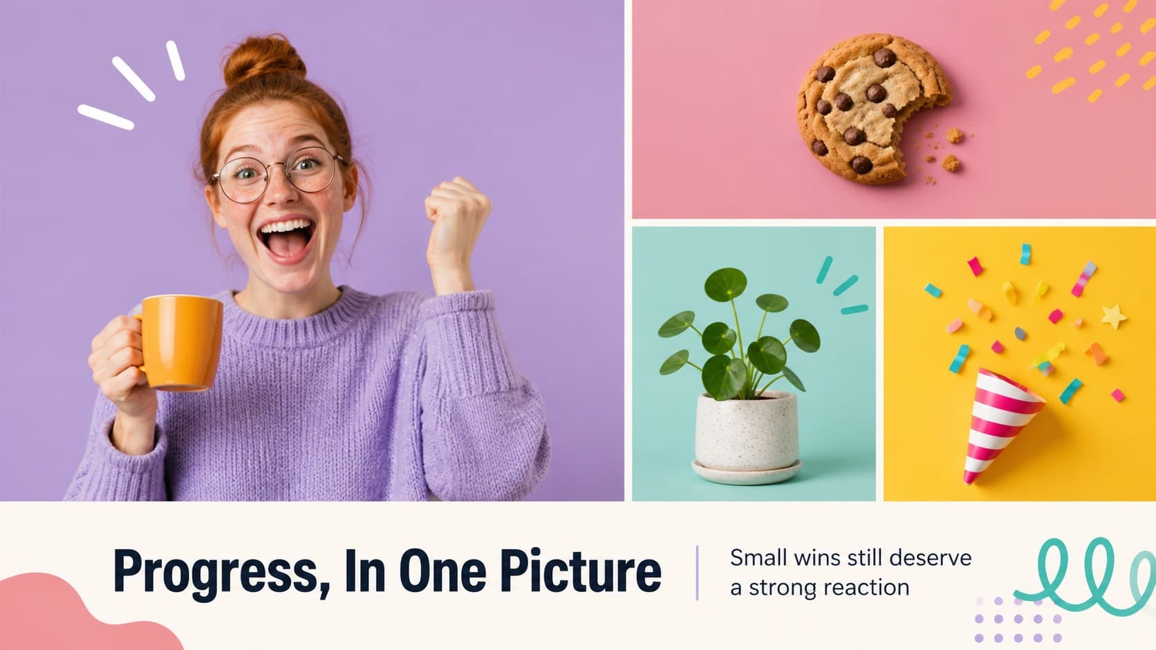 Funny business update slide using a colorful image grid and short captions for project progress.