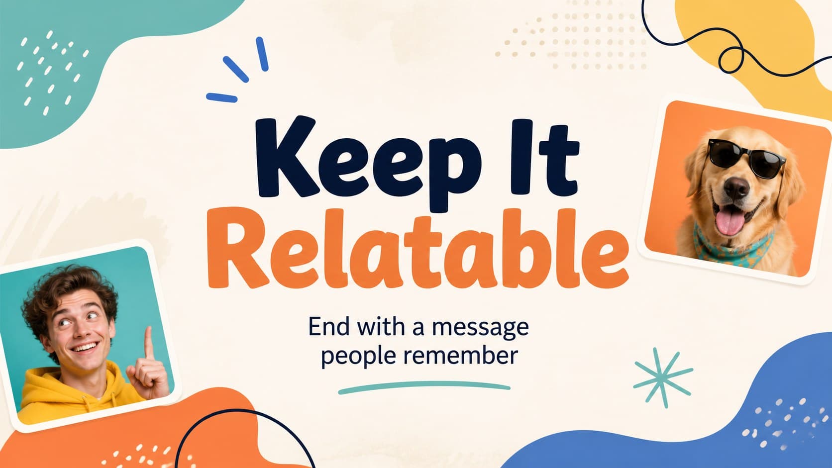 Closing handshake humor slides layout with a colorful final statement and photo collage.