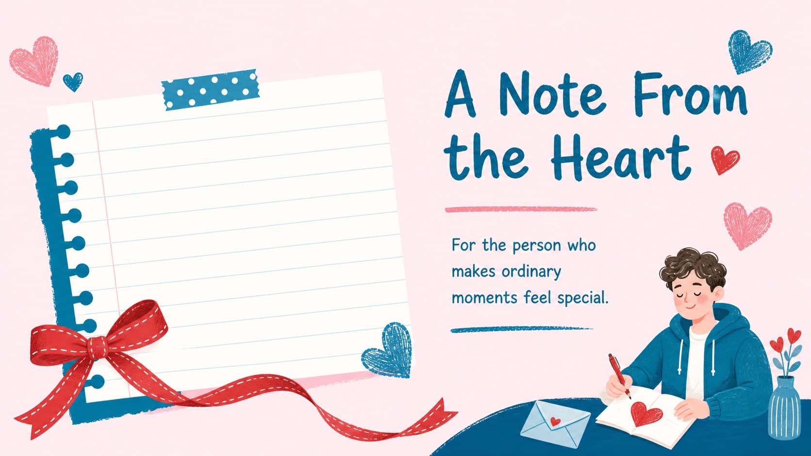 Opening message layout showing a handwritten Valentine note beside colorful heart doodles.