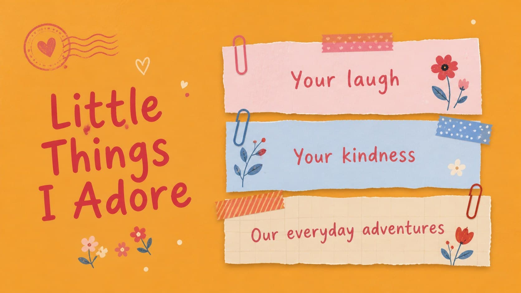 Romantic slideshow layout presenting three illustrated relationship highlights in colorful framed sections.