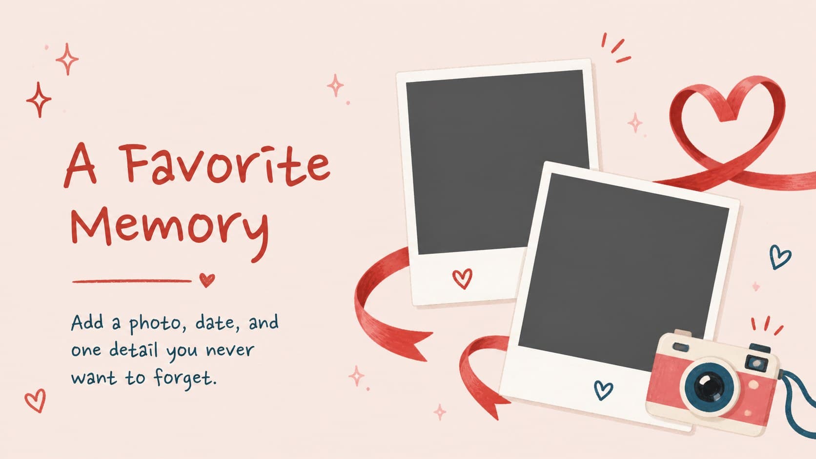 Valentine memory book slide with two photo placeholders, captions, and playful heart illustrations.