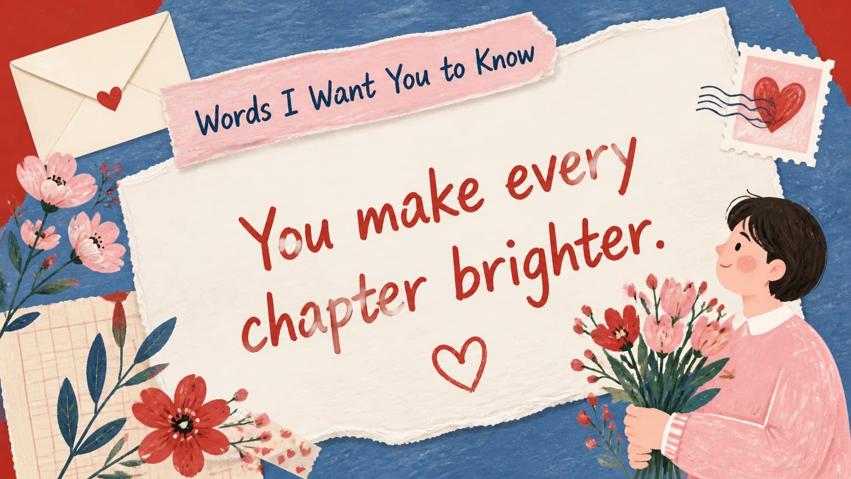 Handwritten love note slide featuring a large editable quote and colorful illustrated stationery.